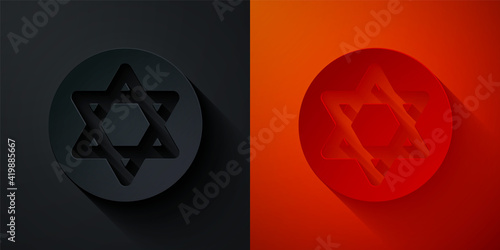 Paper cut Star of David icon isolated on black and red background. Jewish religion symbol. Symbol of Israel. Paper art style. Vector