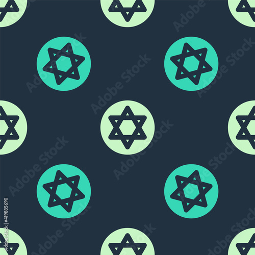 Green and beige Star of David icon isolated seamless pattern on blue background. Jewish religion symbol. Symbol of Israel. Vector