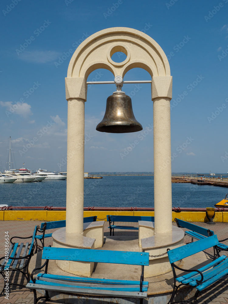 Monument to the Bell of Ship in Odessa seaport, Ukraine