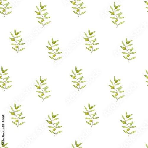 Seamless pattern of olive branches. Watercolour drawing