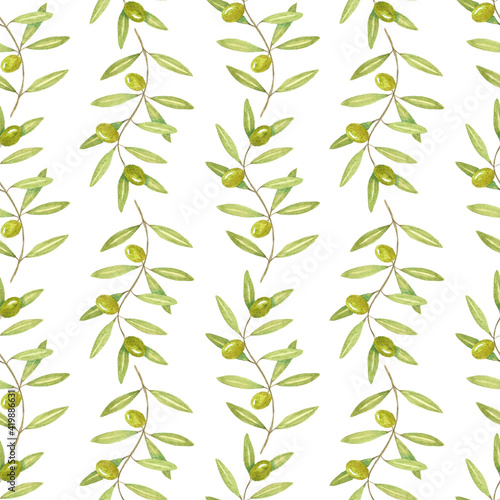 Seamless pattern of olive branches. Watercolour drawing