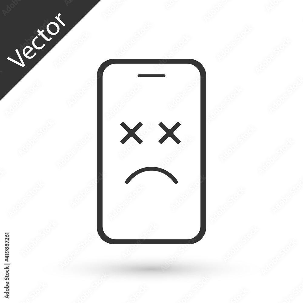 Grey Dead mobile icon isolated on white background. Deceased digital device emoji symbol. Corpse smartphone showing facial emotion. Vector
