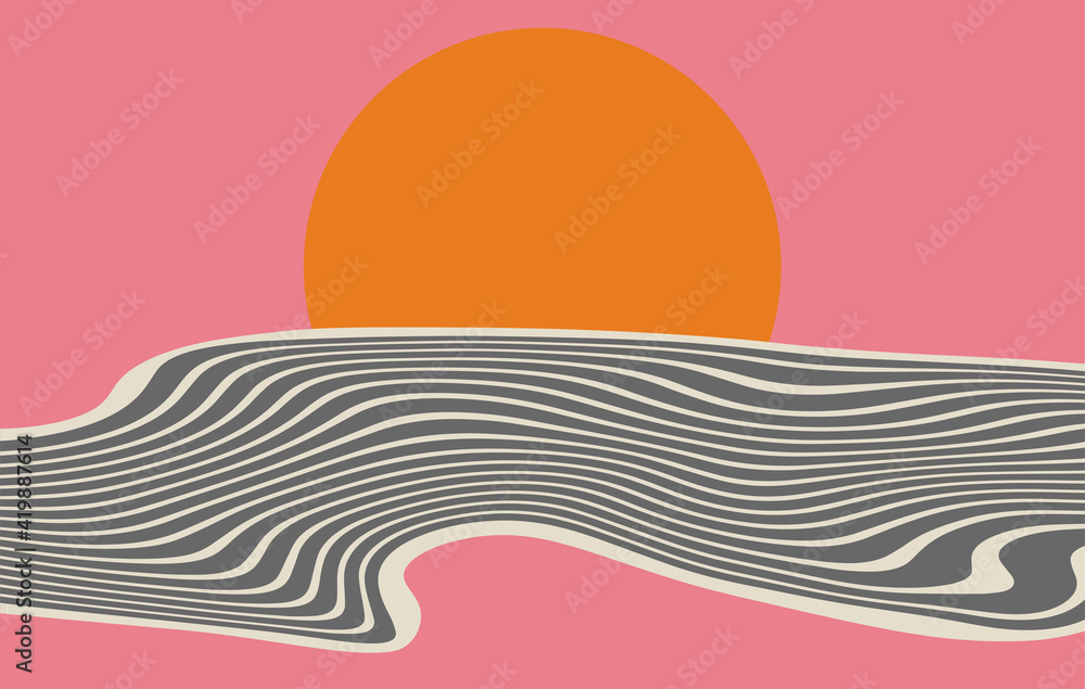 Minimalistic digital art. Wallpapers for desktop. Sunny sunset. Sea