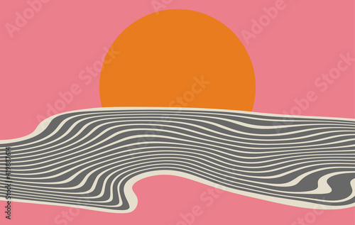 Minimalistic digital art. Wallpapers for desktop. Sunny sunset. 
Sea ​​waves on the background of the sun. Hot weather. Summertime. Warm color palette. Vector EPS 10.