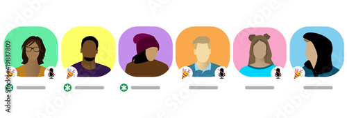 Clubhouse application on smartphone screen .Drop-in audio. Set of men and women avatars . Audio chat social network. Virtual room with online conversation. People taking or meeting on social media .