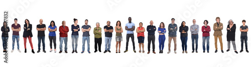 group of mixed people arms crossed on white background