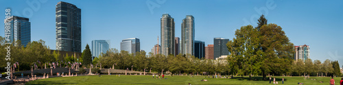 A panoramic view of Bellevue from the Downtown Bellevue Park on a beautiful summer day showing the highrise buildings in the background. photo