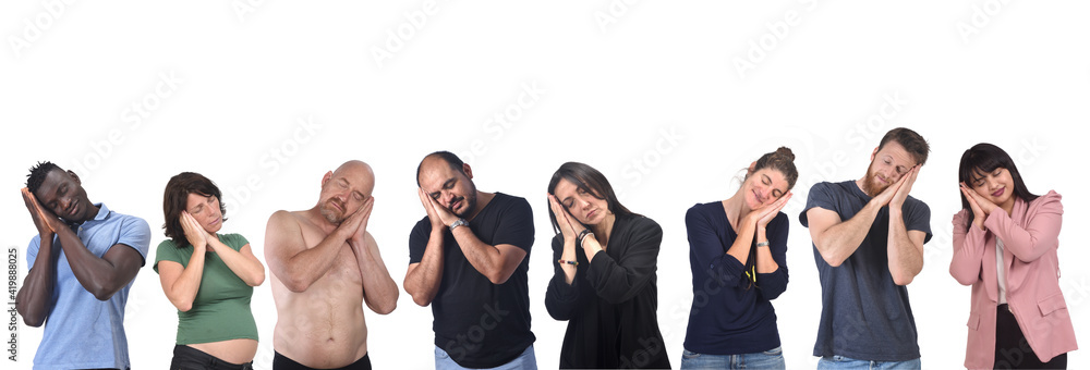 group of people sleeping on white background