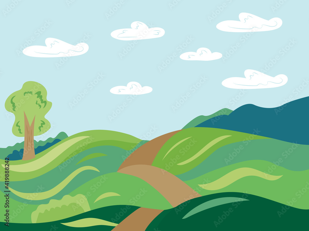 Obraz premium Vector illustration of beautiful summer fields landscape with clouds, bushes, trees