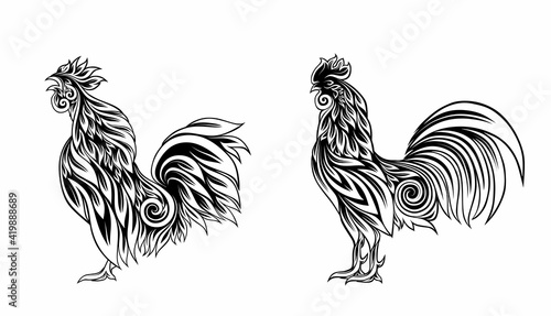 Decorative cockerel. Stylized rooster decorated with floral ornament. Cock isolated on a white background.