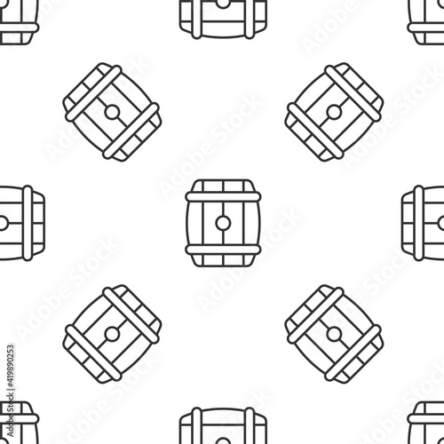 Grey line Wooden barrel icon isolated seamless pattern on white background. Alcohol barrel, drink container, wooden keg for beer, whiskey, wine. Vector