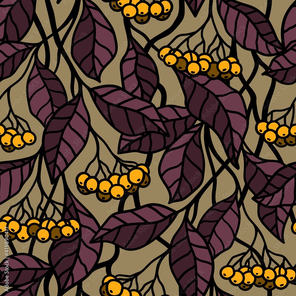 GOLDEN SEAMLESS BACKGROUND WITH YELLOW BERRIES ON THE BRANCHES GOLDEN SEAMLESS BACKGROUND WITH YELLOW BERRIES ON THE BRANCHES