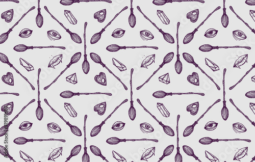 Halloween pattern. Vintage engraving style. Oracle. Ouija board. Witches broom. Eye. Vampires lips. Magic crystals. Vector illustration. Wallpapers for desktop. Dark mystical aesthetic.  