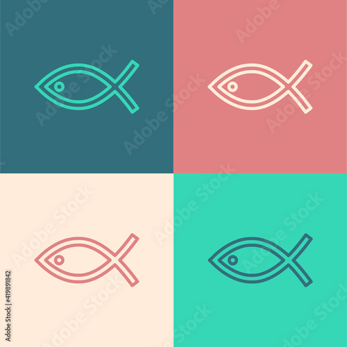 Pop art line Christian fish symbol icon isolated on color background. Jesus fish symbol. Vector
