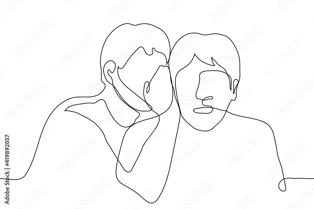two men whispering - one line drawing. the man put his hand to his partner's ear, they both look at the viewer two men whispering - one line drawing. the man put his hand to his partner's ear, they both look at the viewer