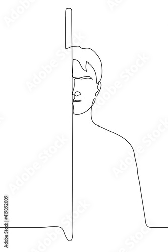 man peeking around the corner - one line drawing. The concept of peeping, spying, stalking, watching from under cover, poor cover, peeping at someone