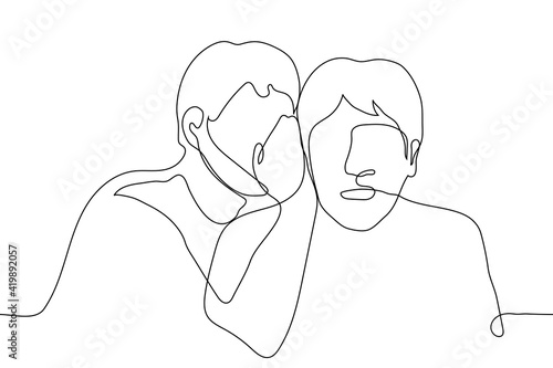 two men whispering - one line drawing. the man put his hand to his partner's ear, they both look at the viewer