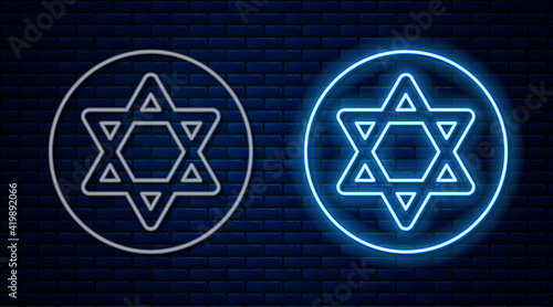 Glowing neon line Star of David icon isolated on brick wall background. Jewish religion symbol. Symbol of Israel. Vector
