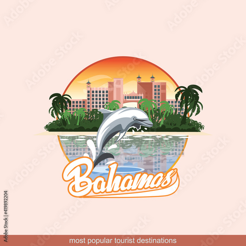 Illustration of the Bahamas with a playing dolphin and hotels in the background.