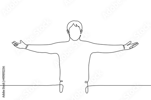standing man spread his arms in different directions - one line drawing. concept of invitation, welcome, display of ownership and private property