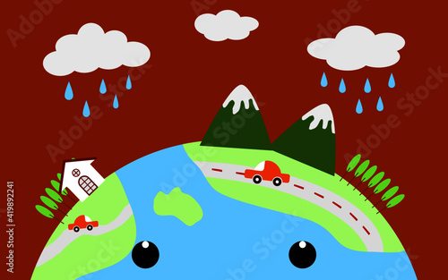 vector world landscape surface with trees, clouds, mountain, car icon on the road illustration