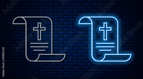Glowing neon line Decree, paper, parchment, scroll icon icon isolated on brick wall background. Chinese scroll. Vector