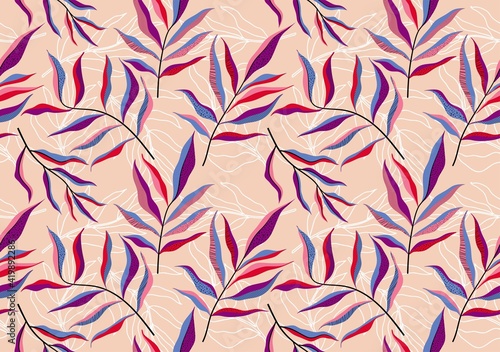 Tropical leaves hand drawn seamless pattern. Botanical trendy design in pink and green colors. Vector repeating design for fabric, wallpaper or wrap papers.