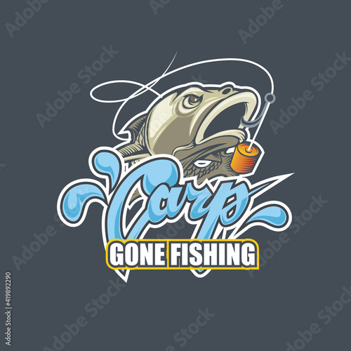 Gone fishing logotips nice title Carp and fish swallows the bait.