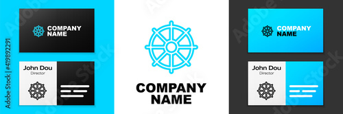Blue line Dharma wheel icon isolated on white background. Buddhism religion sign. Dharmachakra symbol. Logo design template element. Vector