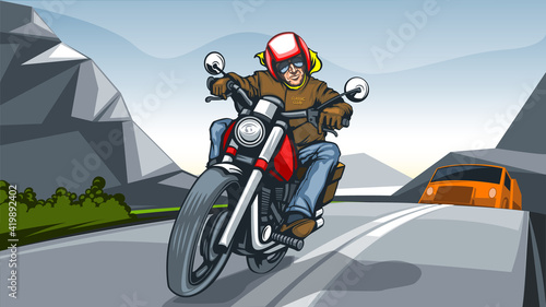 Illustration landscape with a motorcycle rider.