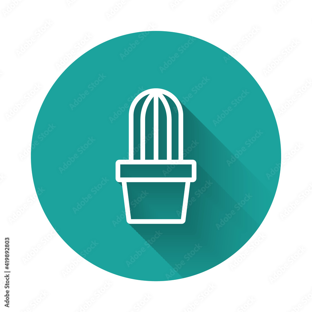 White line Cactus and succulent in pot icon isolated with long shadow background. Plant growing in a pot. Potted plant sign. Green circle button. Vector White line Cactus and succulent in pot icon isolated with long shadow background. Plant growing in a pot. Potted plant sign. Green circle button. Vector