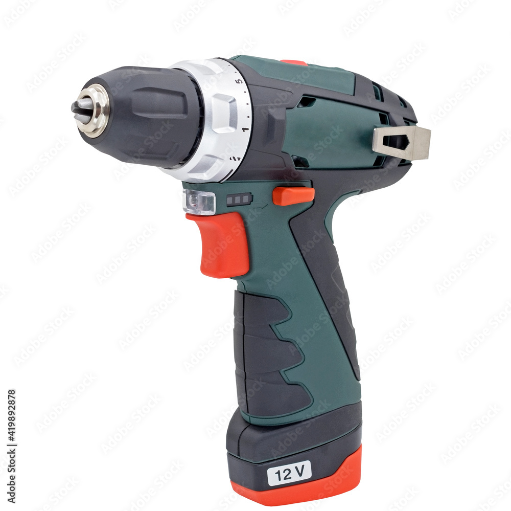 modern cordless drill on a white modern cordless drill on a white