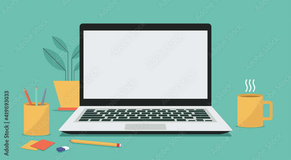 laptop computer with white blank empty display screen for copy space on workplace, vector flat illustration - obrazy, fototapety, plakaty 