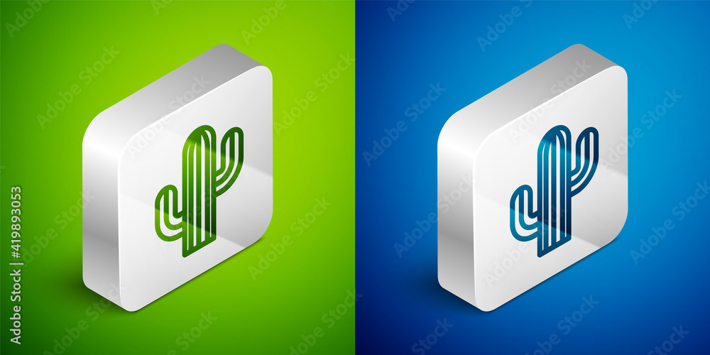 Isometric line Cactus icon isolated on green and blue background. Silver square button. Vector Isometric line Cactus icon isolated on green and blue background. Silver square button. Vector