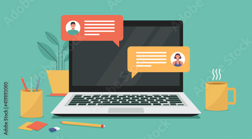 online chatting on laptop computer concept, man and woman connecting together and work from anywhere, vector flat illustration	

