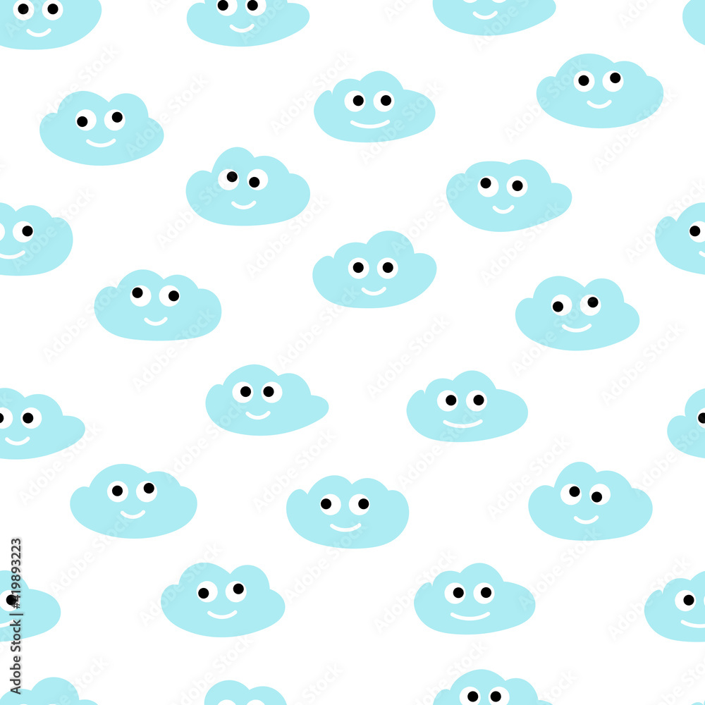 Funny smiling doodle clouds on white background. Seamless vector pattern. Children's hand drawing for printing on fabric, wallpaper, clothing