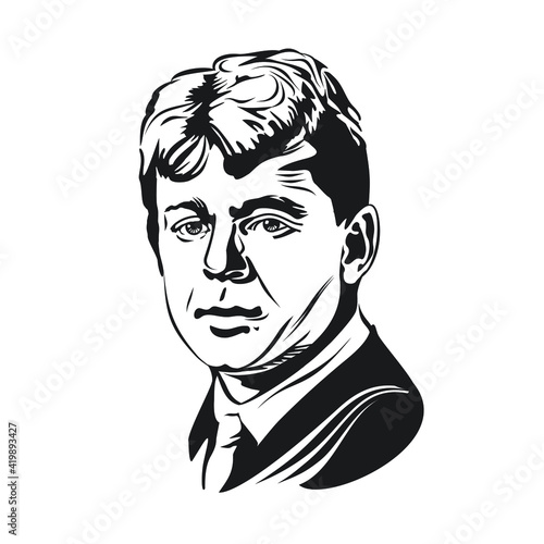 Sergey Yesenin schematic vector portrait in ink in one black color. Russian lyricist. He is one of the most popular and romantic Russian poets of the twentieth century.
