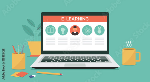 digital education concept on laptop computer, online course and distance learning, vector flat illustration	