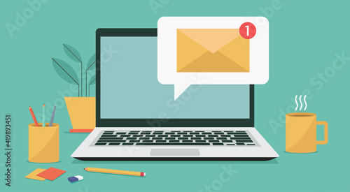 new email notification on laptop computer display screen concept, vector flat illustration	