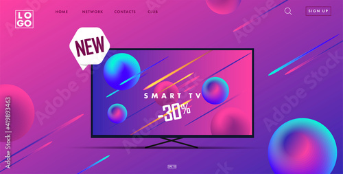 Web site landing page with 3d smart tv illustration and interface elements, gadget advertising promo banner in ultraviolet neon colors