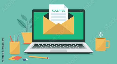 laptop computer with letter and paper document on screen, vector flat illustration	