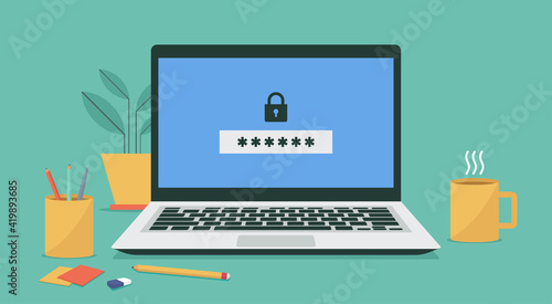 laptop computer with padlock and password security access or verification code notification, vector flat illustration