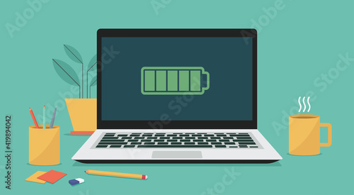Laptop computer with full battery icon on screen, vector flat illustration