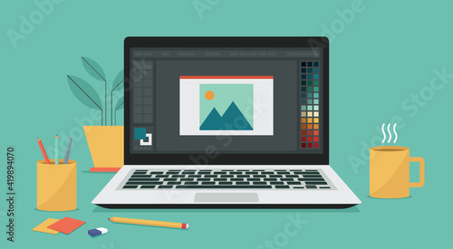 photo or image editing program software on laptop computer screen for designer user, vector flat illustration	