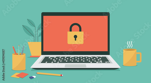 computer system security concept with padlock icon on laptop screen, vector flat illustration	
