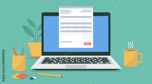 online payment on laptop computer with electronic receipt or financial transaction, vector flat illustration	