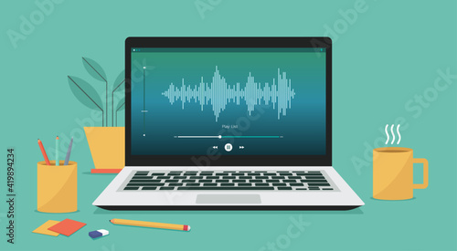 Broadcasting concept. Podcast online live streaming on laptop computer or on radio station, vector flat illustration	
