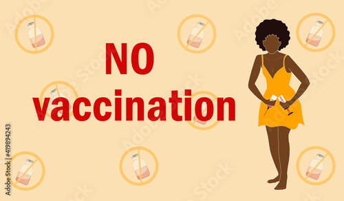 No vaccinations. Stop vaccination. Side effects, illness or death from the injection. The woman breaks the syringe with the vaccine.