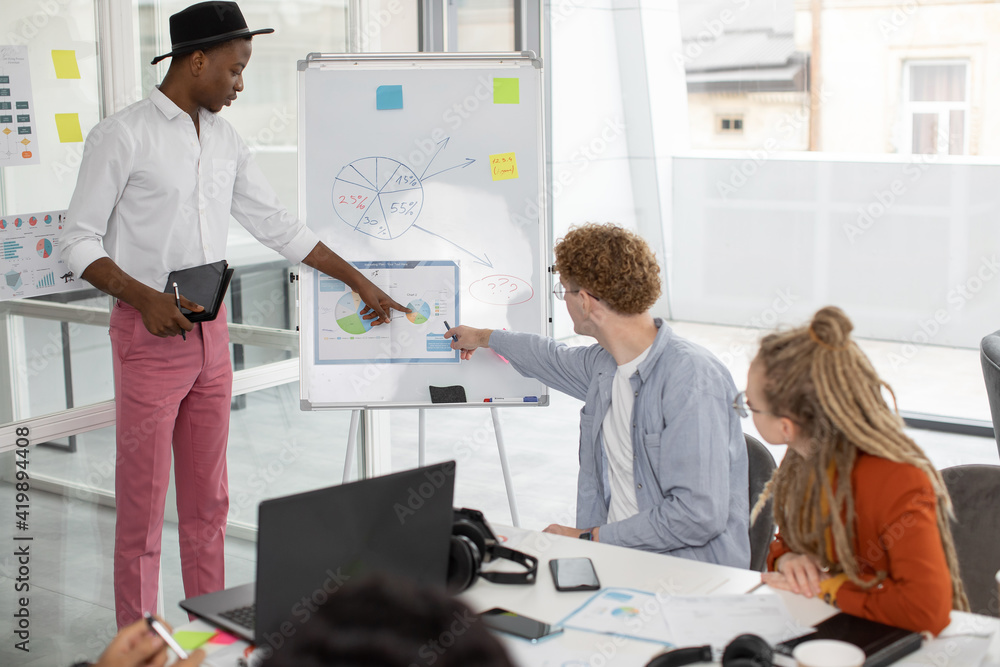Young african man, standing near flipchart, and presenting details of joint project for multiracial team Young african man, standing near flipchart, and presenting details of joint project for multiracial team