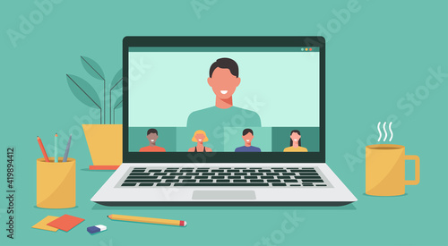 people connecting together, learning and meeting online via teleconference or video conference remote working on laptop computer, work from home and anywhere, vector flat illustration photo